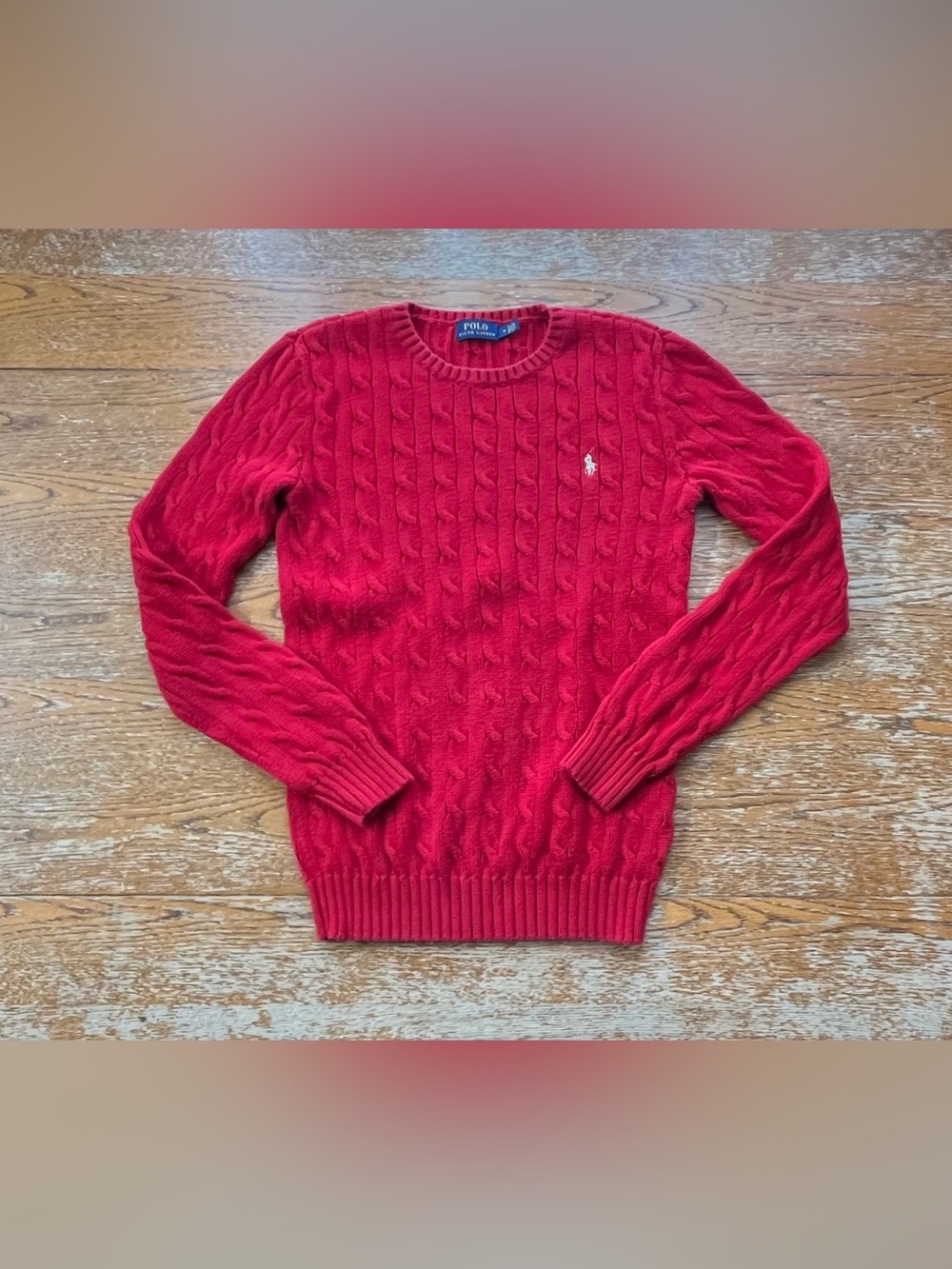 Polo Ralph Lauren Red Cable-Knit Cotton Crewneck Jumper Size Medium Womans